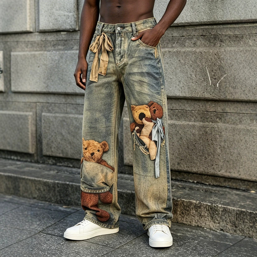 Cross-border e-commerce, popular European and American style, 2026 new style, men's trendy and versatile loose-fitting bear digital print jeans.