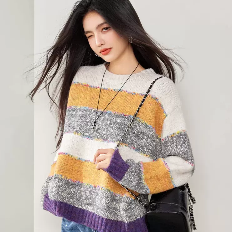 G0929小众天猫女装货源工厂女新款慵懒高级条纹毛衣秋冬保暖上衣
