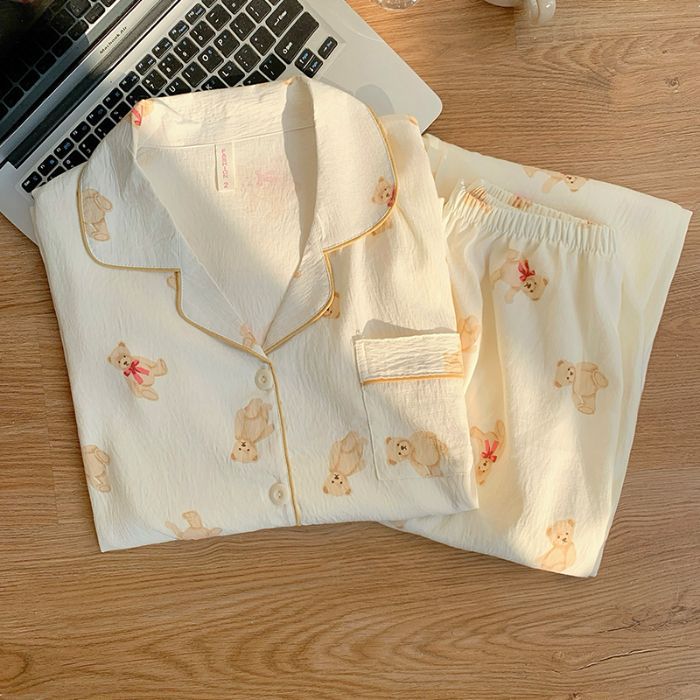 Nuevo conjunto de pijamas de algodón nublado transfronterizo de manga larga delgada primavera y otoño de mujeres lindos pantalones de dibujos animados dulces ropa para el hogar