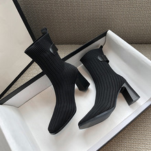 黑色襪靴女2022春秋新款復古針織彈力粗跟瘦瘦靴方頭透氣高跟短靴
