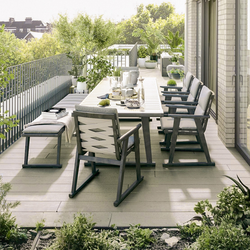 Mesa y silla de madera maciza al aire libre patio jardín ocio mesa larga hotel villa jardín impermeable combinación de mesa de teca