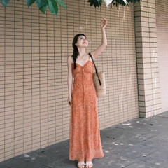 オレンジ花柄ドレス女性の夏の新しいハイエンド純粋な欲望気質休暇スリムウエストサスペンダーロングスカート