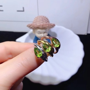S925 Sterling Silver Natural Olivine Ring Fashion Niche Design Water Drops 6*9mm Adjustable
