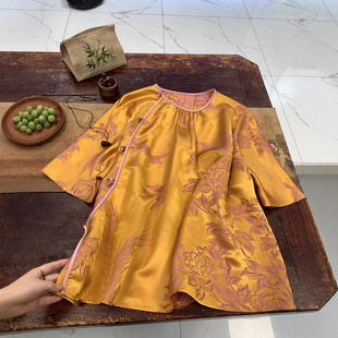New Chinese Style Classical Charm Silk Old Satin Buttoned Top Chinese Style Age-Reducing Elegant Casual Short-Sleeved T-Shirt 12