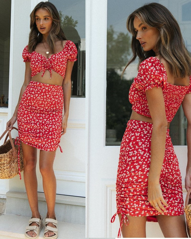2022 Amazon European and American Foreign Trade New Women's Spring and Summer Lace-up Top Two-piece Pleated Lace-up Skirt Set