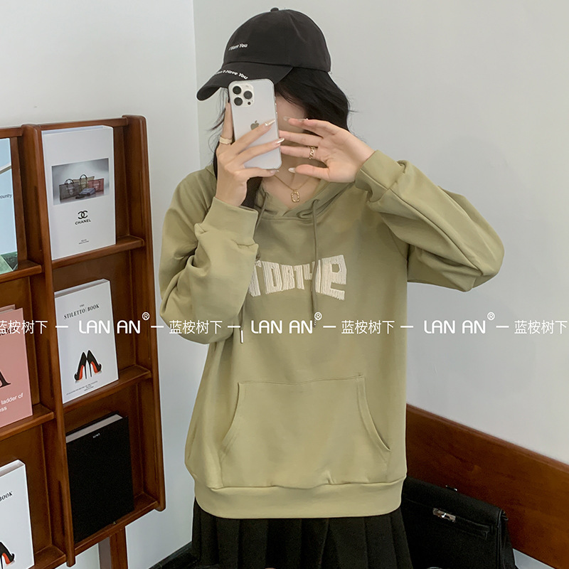 Blue eucalyptus autumn new autumn double-sided cotton letter craft hooded shoulder width loose sweater women's clothing