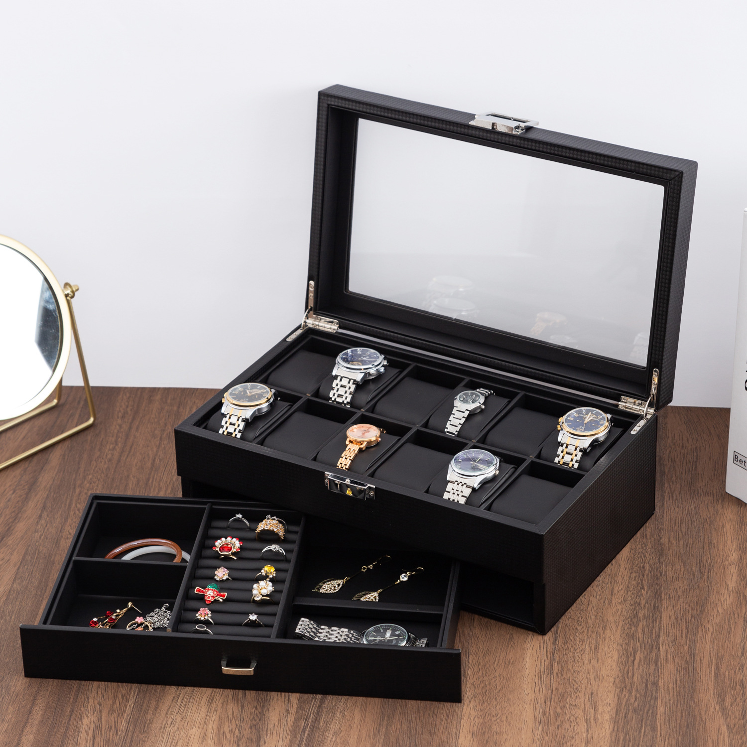 Caja Organizadora de Relojes, Joyas y Lentes de Madera para Almacenamiento y Exhibición