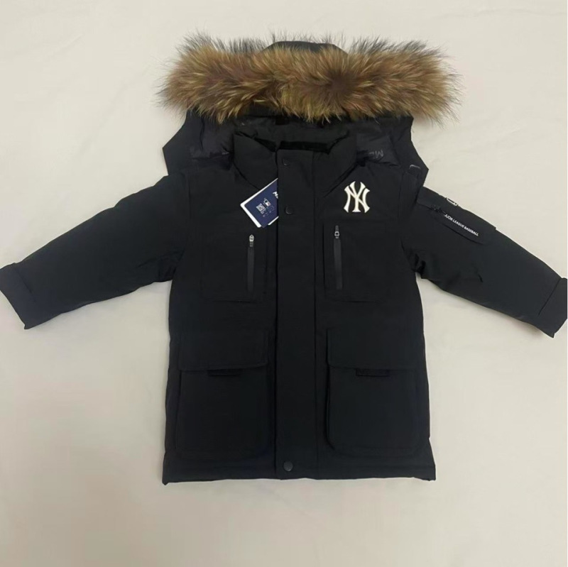 Winter New Mlb Children's Clothing 2Nd Generation Ny Mid-Length Thickeneded Hooded Large Fur Collar down Jacket for Men and Women Couples