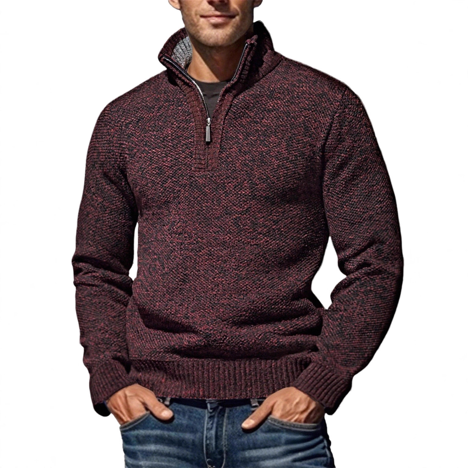 Foreign Trade 2025 Autumn and Winter Men's Half Turtleneck Zipper Knitwear Fleece-Lined Thickeneded Pullover Bottoming Knitwear Ready for Sale