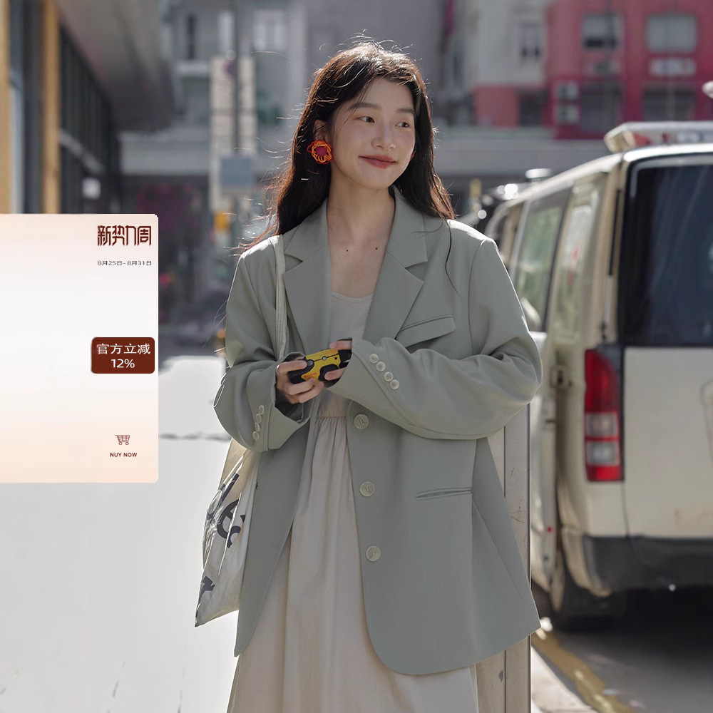 Casual Blazer for Women, Autumn, Petite, Korean Style, Unique Design, Loose, Lazy Style, Gray Suit