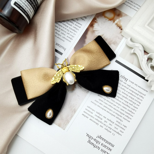Retro bow hair clip imitation pearl bee velvet hair accessory temperament top clip disk hair spring clip French hair pin for women