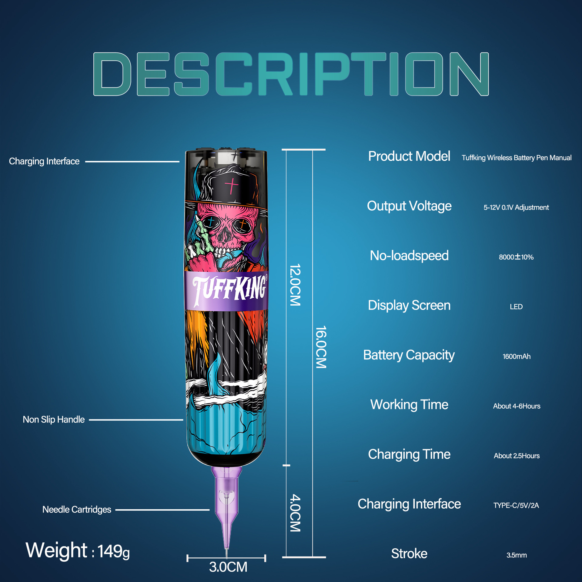 Tuffking máquina de tatuaje transfronteriza inalámbrica transparente pluma de batería máquina de tatuaje todo en uno equipo de tatuaje de niebla