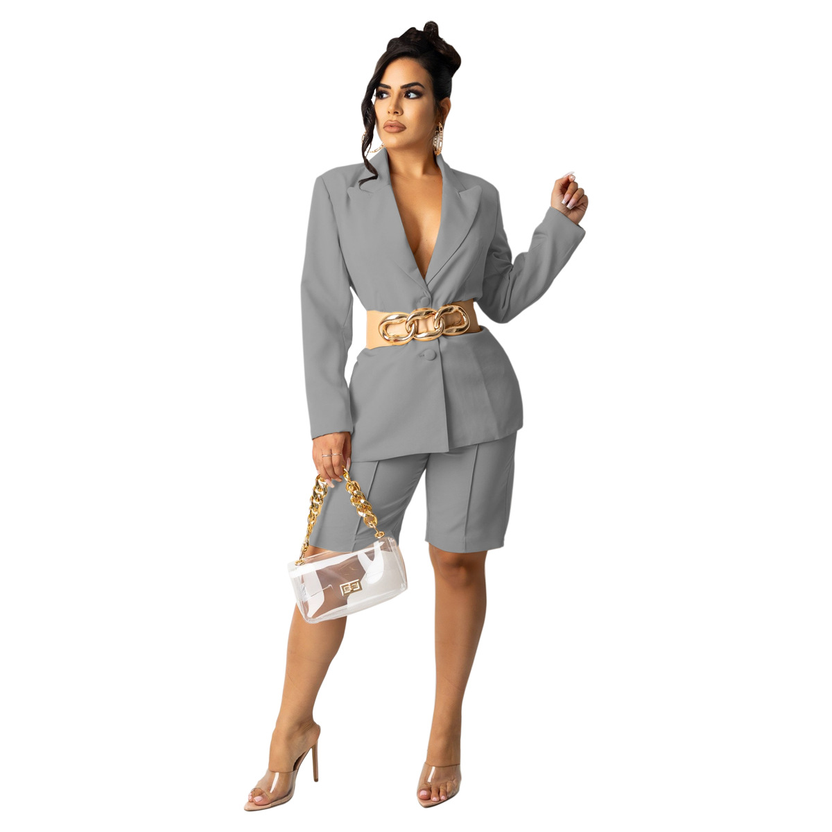 solid color suit jacket shorts two-piece set nihaostyles clothing wholesale NSQYT92733