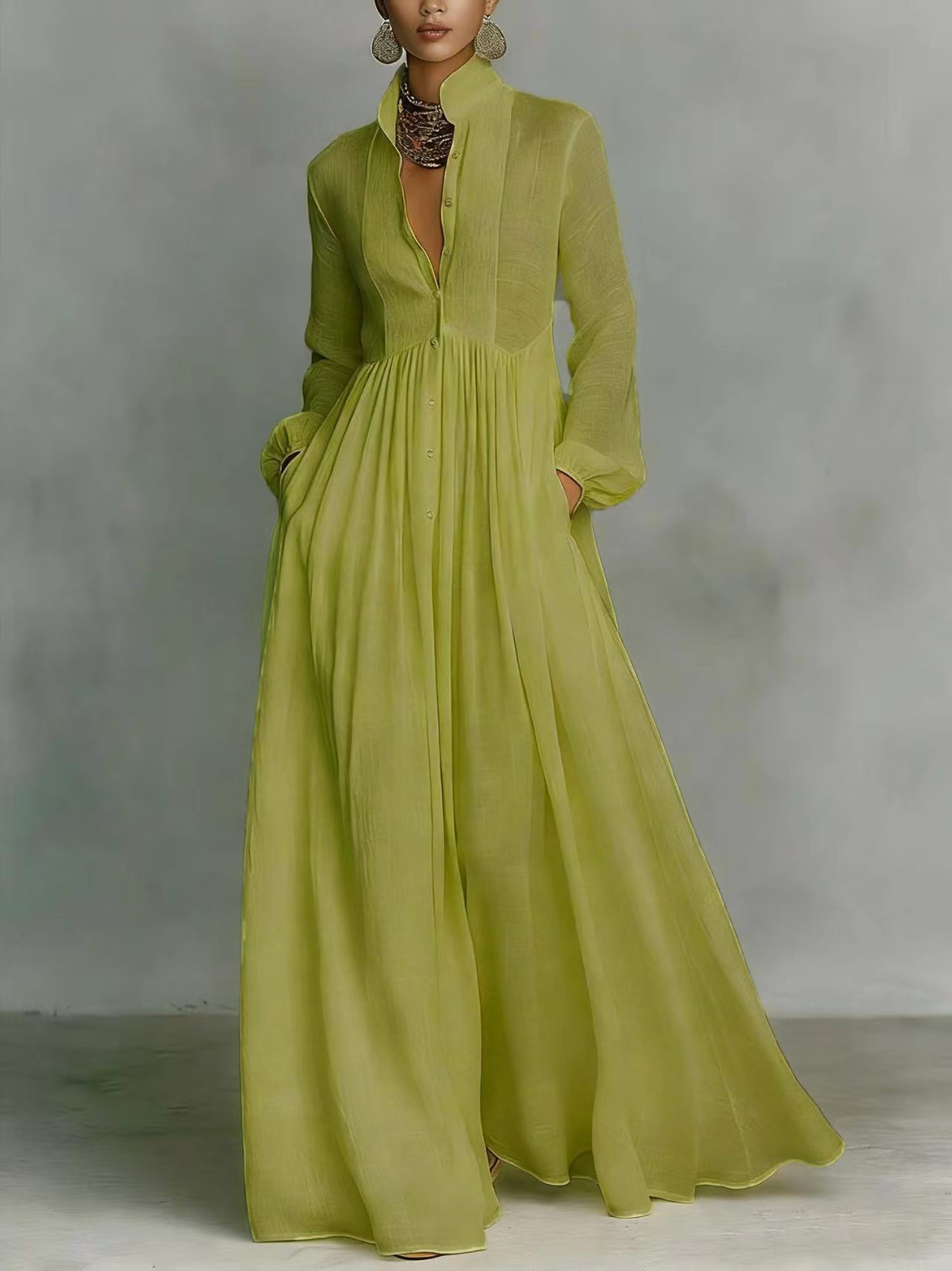 Women's Long Sleeved Pleated Dress Waist Cinching Slimming French Elegant Retro Casual Vacation_ecoleips.com