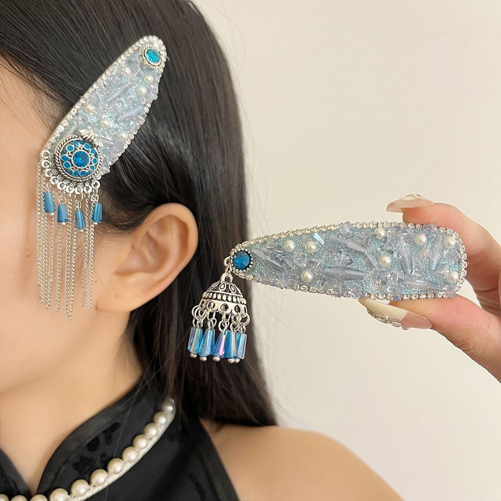 Jewel Blue ~ Healing Flash Diamond Pearl Famous Ethnic Style Fringe Fringe Edge Clip Female Personality Elegant Hairpin Hair Accessories