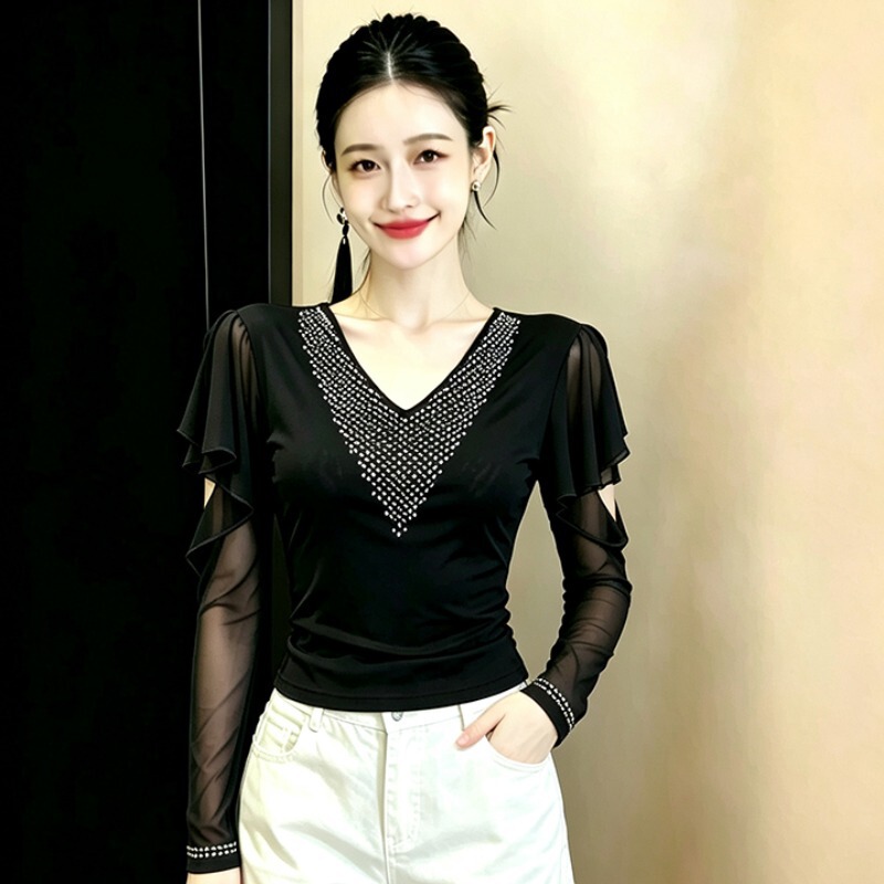 2026 New V-neck Rhinestone Mesh Long Sleeve Top for Women, Autumn Ruffle Flutter Sleeve Slimming Stylish Base Shirt