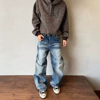 厂家直供手缝针内华达洗水蜂窝猫须直筒微喇牛仔裤男cleanfit裤子