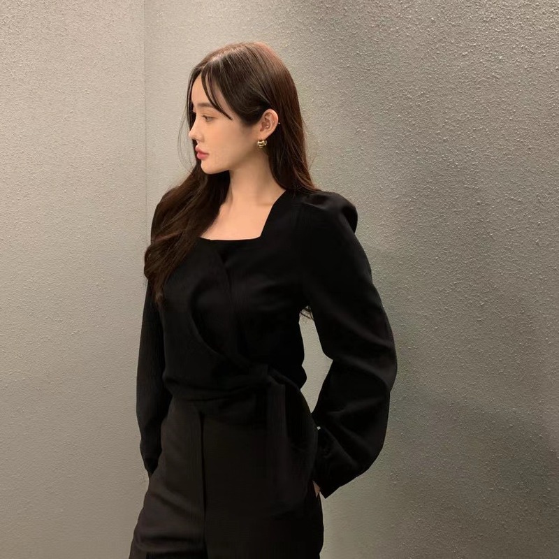 韩国chic秋季新款法式方领泡泡袖衬衫女收腰显瘦不规则设计上衣衫|undefined
