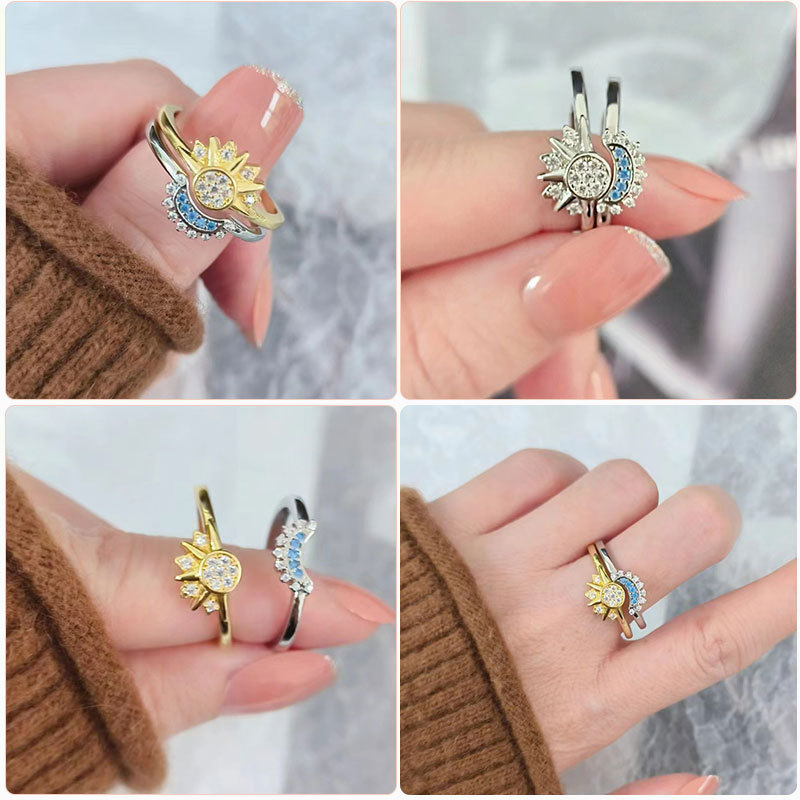 Anello aperto da donna impilabile con sole e luna tempestato di diamanti, in stile europeo-americano, dal design semplice e luminoso._voghion.com