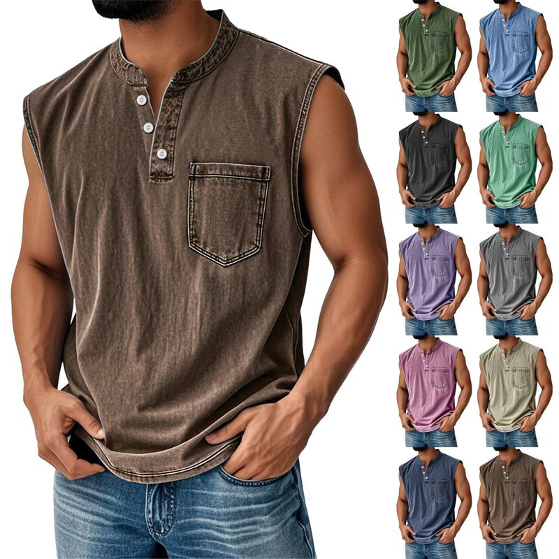European and American Cross-Border Men's Three-Button Sleeveless Denim T-Shirt Young Men's Casual Trendy Vest Ready for Sale