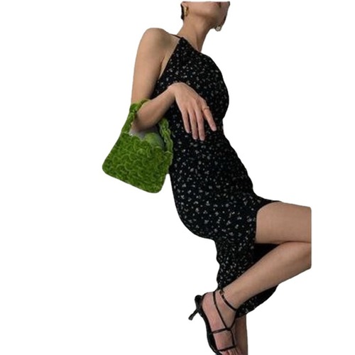French sexy niche suspender skirt summer new scheming slit sexy hot girl black floral dress female trend
