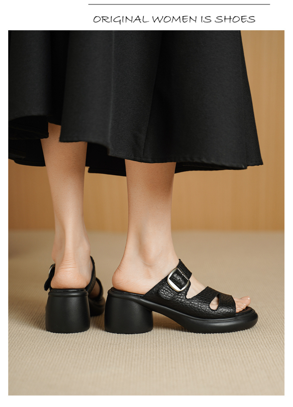 Sandal cao gót nữ hở mũi đế dày da dê 7 cm — đen chi tiết 12