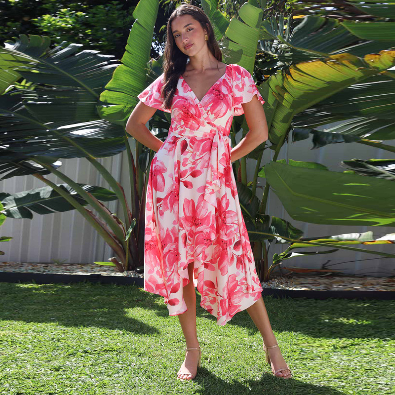 In-Stock 2026 Cross-Border European and American New Floral Long Dress Summer Short-Sleeve Ruffle Tie Tropical Vacation Dress