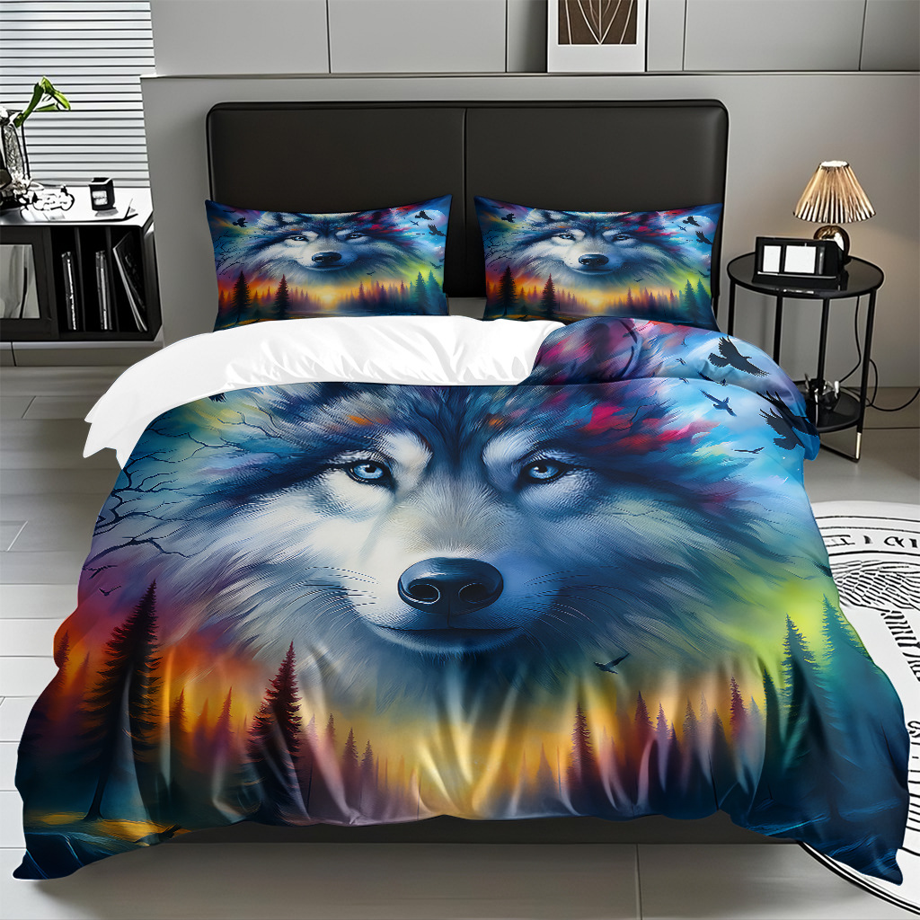 TEMU / JIT adaptado al patrón de lobo impresión digital set edredón molido textil transpirable para dibujar puede hacer