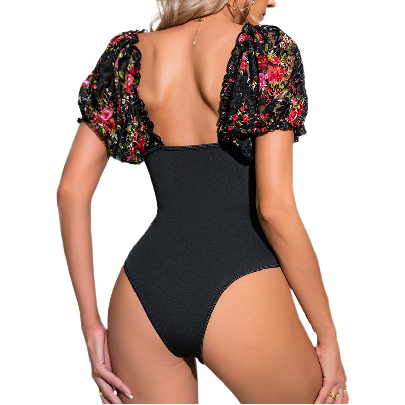 Cross-border moda caliente nueva burbuja manga encaje impreso hueco perspectiva SLIM-Fit sexy mono de las mujeres