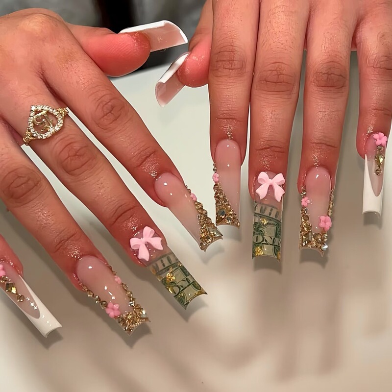 Cross-Border Hot-Selling Square Fake Nails, Long French White Edge, Cute Pink Bow, Sparkling Diamonds and Flowers Cross-Border Hot-Selling Square Fake Nails, Long French White Edge, Cute Pink Bow, Sparkling Diamonds and Flowers