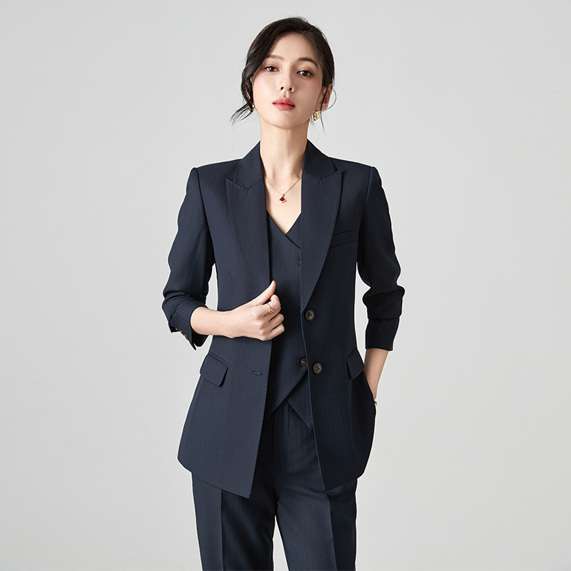春秋冬高端藏青色通勤修身西装上衣外套正装西服马甲小脚裤套装女|undefined