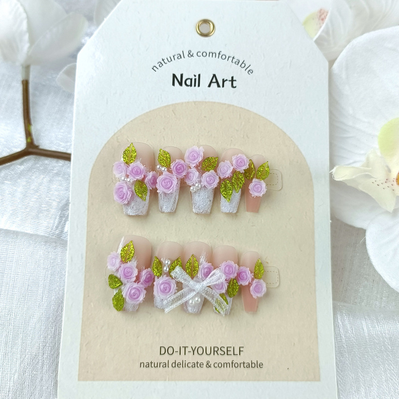 Small Fresh Purple Camellia Manicure, Sweet Bow Nail Pieces, 10 Pieces of Coded Boutique Handmade Wearable Nails