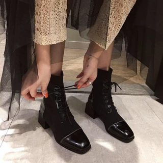 小码瘦瘦靴31 3233方头粗跟针织短靴女黑色加绒大码马丁靴女41-43