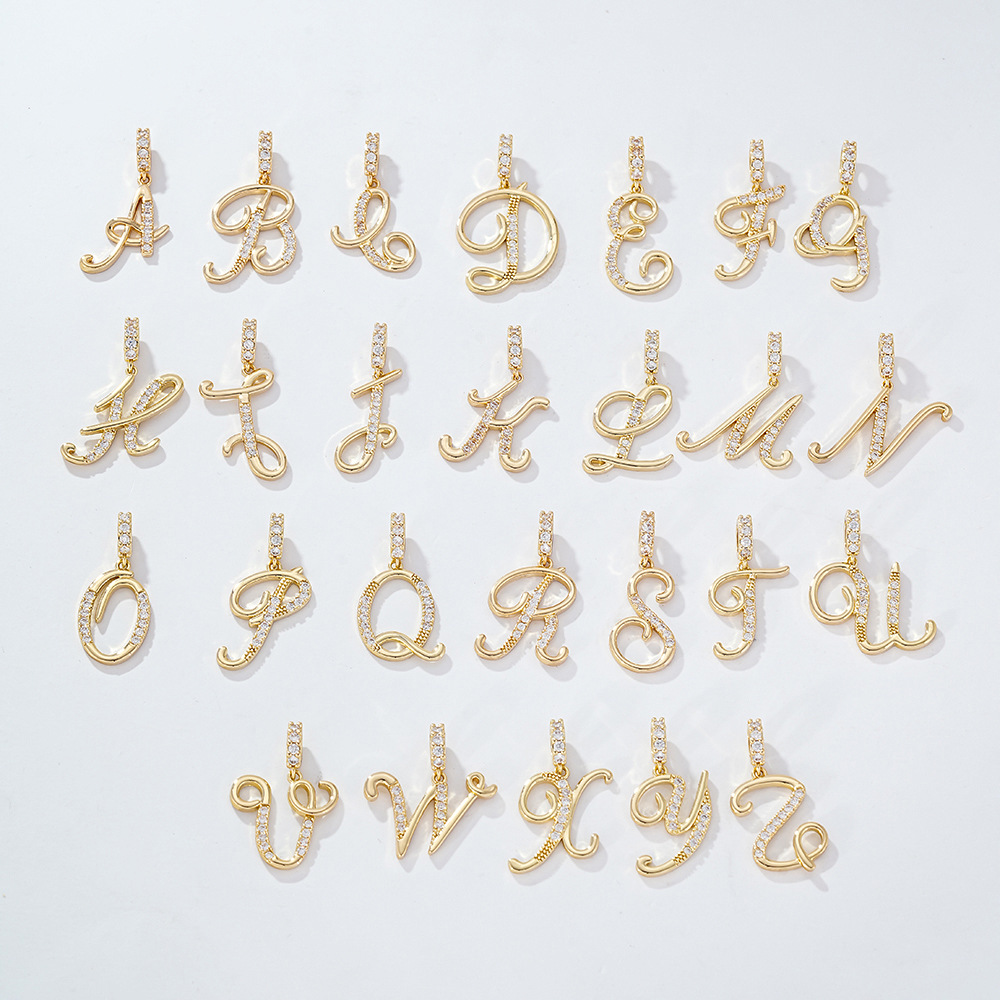 Miaami Pendant Cursive English Letter Pendant Kc Gold Copper Material 26 Zircon-Inlaid Letters DIY Necklace Accessories