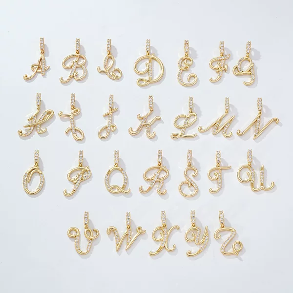Miaami Pendant Cursive English Letter Pendant Kc Gold Copper Material 26 Zircon-Inlaid Letters DIY Necklace Accessories