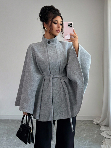 European and American cross-border women's clothing 2026 elegant stand-collar lace waist cloaked style design and atmospheric woolen coat