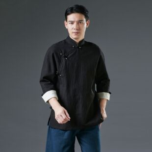 Chinese Style Color-matching 2025 Spring Young Men's Tang Coat Silver Buckle Sleeve Clothes Slant-breasted Ramie Buckle Top