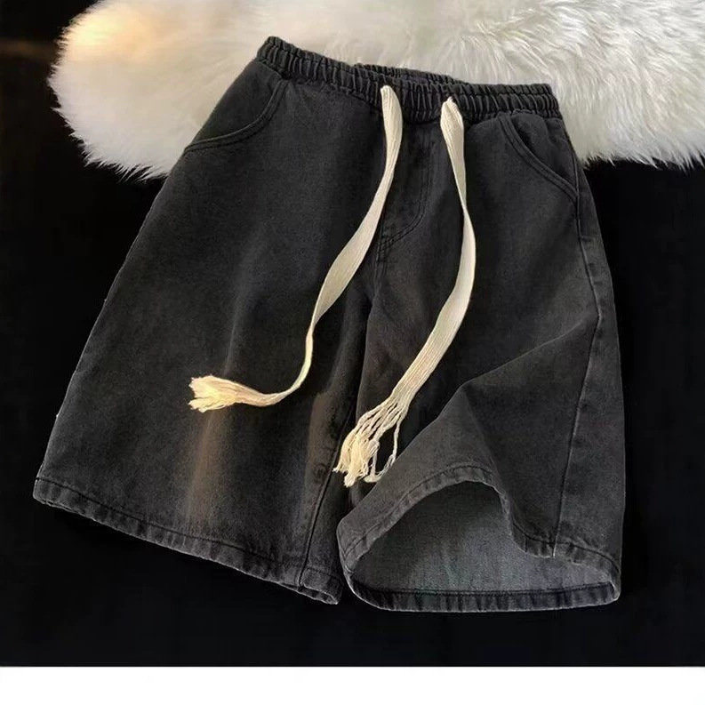 American-Style Denim Shorts for Men, Summer Casual Versatile Five-Point Pants with Drawstring Elastic Waist, Loose Retro High Street Mid-Length Pants