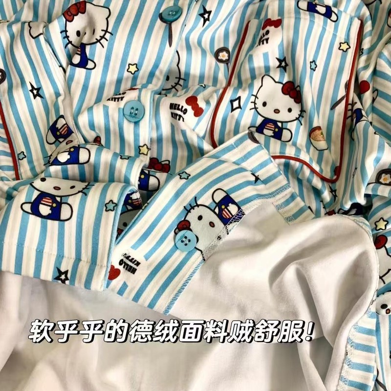 简约条纹Kitty猫睡衣女秋冬季保暖加厚套装美少女可外穿ins家居服|undefined