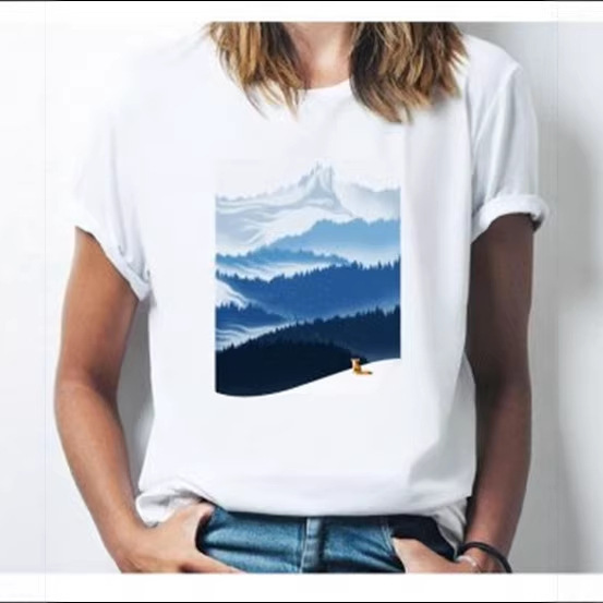 European and American Export Style T-Shirt with Mountain and River Pattern Print for Women, Casual Harajuku Short-Sleeve Kawaii Women's T-Shirt