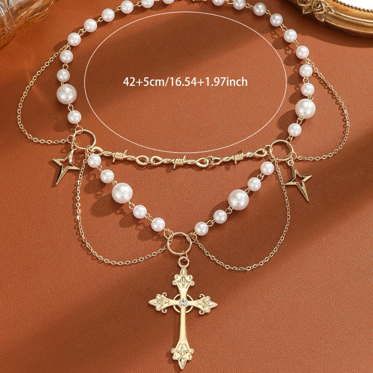Европейское и американское трансграничное ювелирное изделие, нишевый дизайн, двухслойное высокоглянцевое жемчужное ожерелье с крестом и звездой, универсальное ожерелье для женщин
