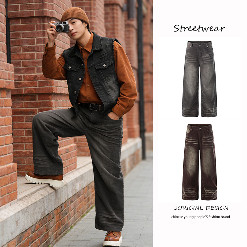 American Retro Corduroy Straight-Leg Jeans for Men, New Spring Style with Bamboo Texture, Loose Wide-Leg Casual Pants for Women, Trendy