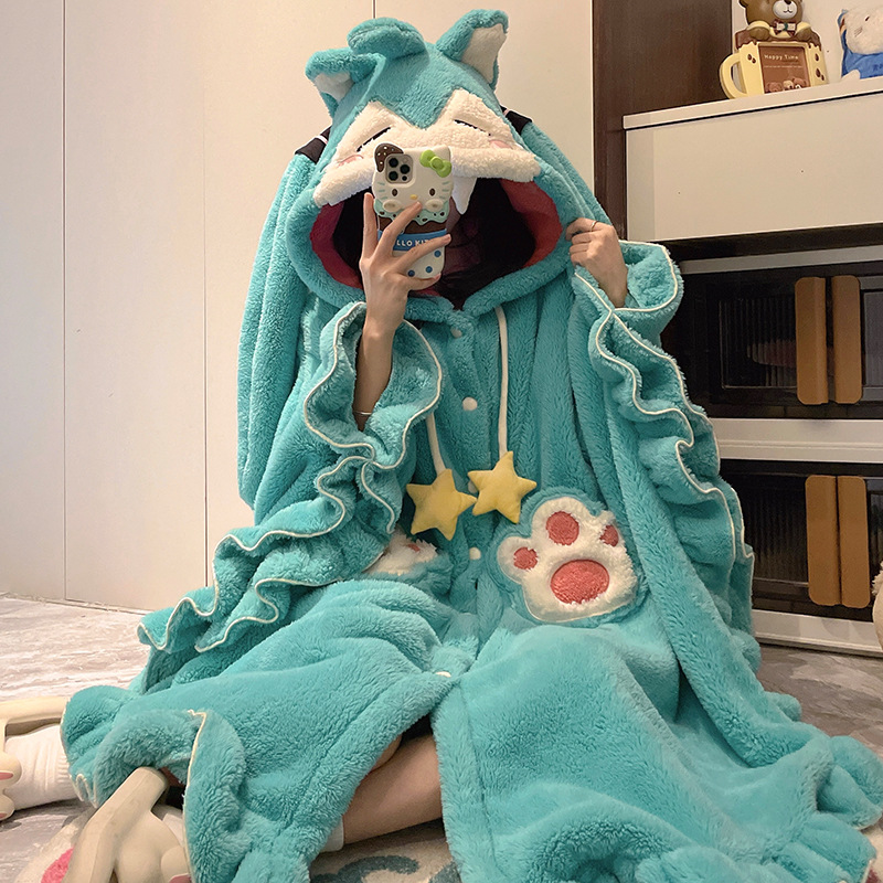 可爱KT猫珊瑚绒睡袍女冬季连帽披肩斗篷保暖甜美高级感睡衣家居服