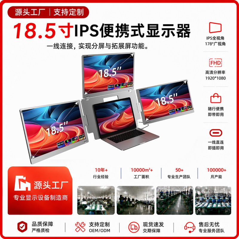 Cross-Border 18.5inch Portable Triple-Screen Monitor for Laptops, External Connection for Trading, Multi-Screen Splitting