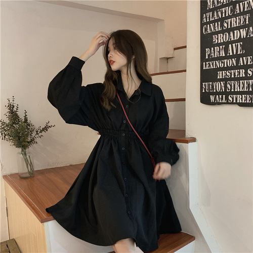 French retro mid-length dress for female students loose Korean style ins fairy long-sleeved shirt dress black skirt