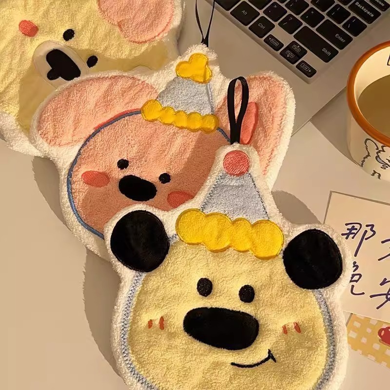 クリーム誕生日子犬ウサギキッチンコーラルベルベットハンドタオル漫画クマぶら下げ吸収性厚いハンカチ家庭用雑巾|undefined
