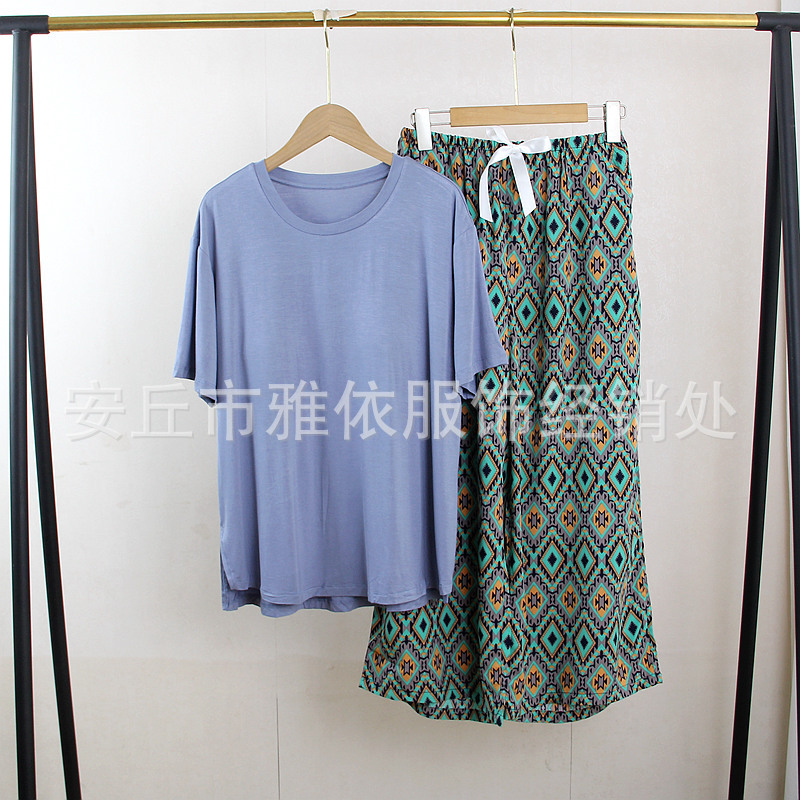 모달 브라 티셔츠 블루 레이온 크롭 팬츠 그린 마름모 플레이드