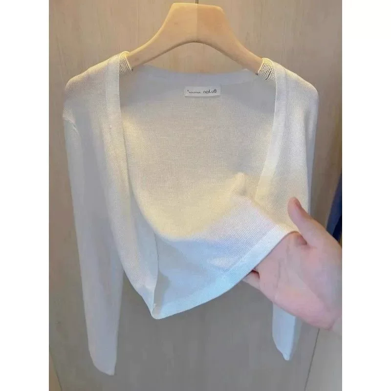 Вязаный кардиган из ледяного шелка для женщин с юбкой на подтяжках, новая летняя тонкая куртка с защитой от солнца, маленькая шаль, короткий топ