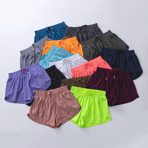 Cross-border women's high-waist yoga double-layer pseudo two-piece quick-dry running zipper casual fitness anti-slip shorts