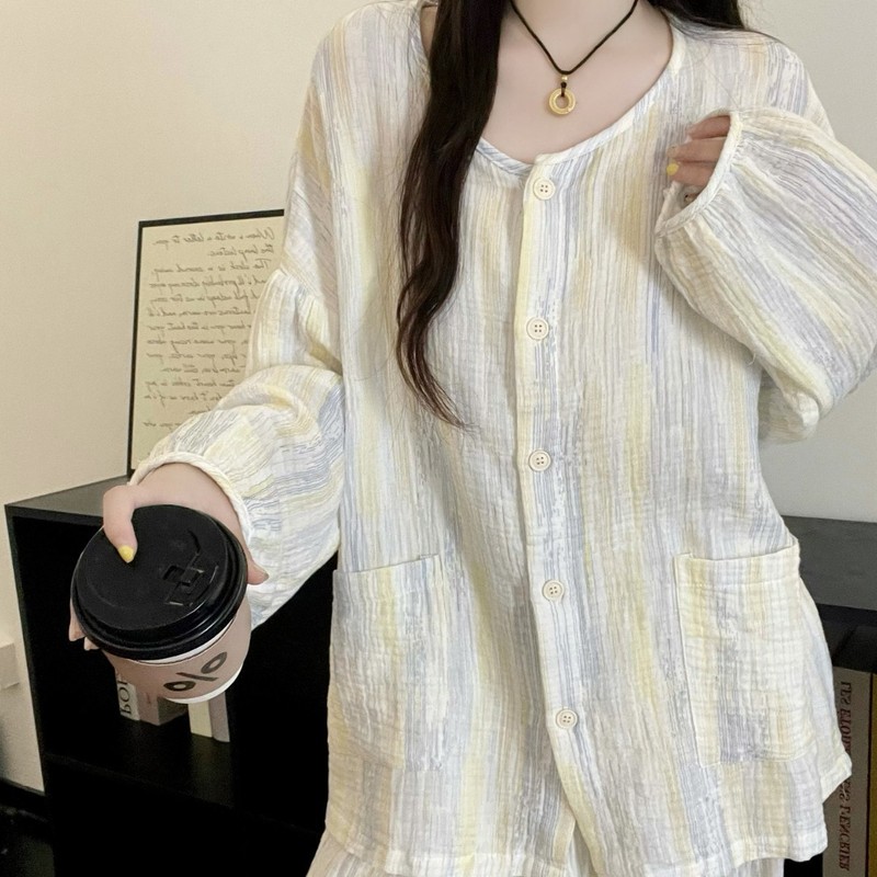 2025春秋季新款睡衣女韩版甜美开衫带胸垫家居服套装cross-border|undefined